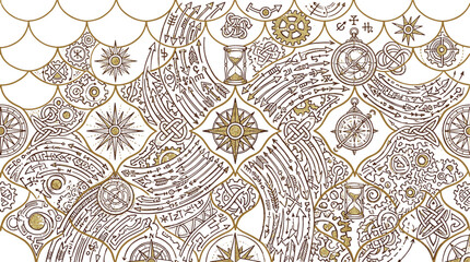 Seamless pattern of elegant golden compass roses and astronomical navigation icons on a white background with nautical navigation astronomy geography adventure direction ornament © tecna