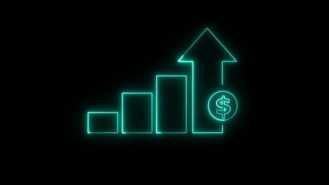 Abstract glowing neon line animated graph and chart with dollar icon on black background.Interest rate, financial and dividend concept.Profit high growth dollar icon.