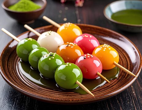 colorful japanese mitarashi dango skewers or rice dumplings on ceramic plate