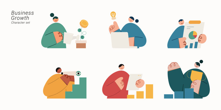 Flat vector character set featuring diverse business people in various growth, success and development concepts illustration.