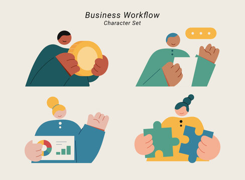 Flat vector character set featuring diverse business people in various workflow, teamwork and finance concepts illustration.