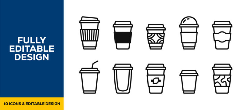 Black ink scribble hand drawn takeout coffee and drink cups icons vector set for coffee shop branding cafe menu mobile app interface and fast food beverage service design art