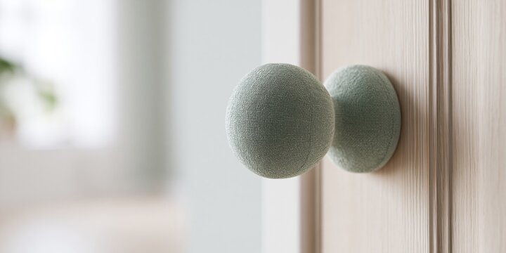 Textured fabric door knob on wooden door