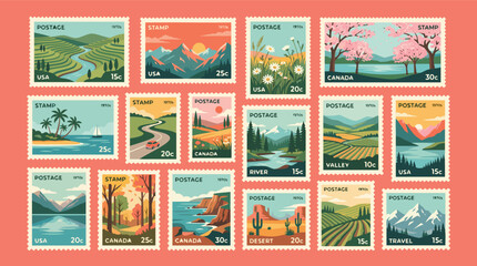 Collection of vintage postage stamps depicting diverse scenic landscapes and nature scenes © Shawon