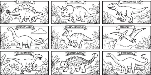 Cute Dinosaur Coloring Pages Collection with Prehistoric Animals for Kids Vector Illustration © adi