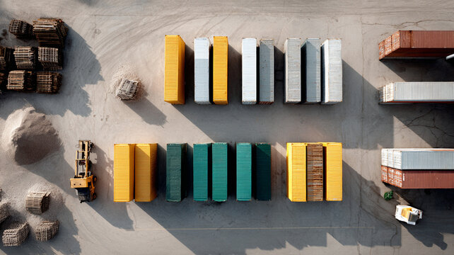 Port facility container yard aerial view logistics shipping freight cargo warehouse terminal industrial storage container stack forklift transport