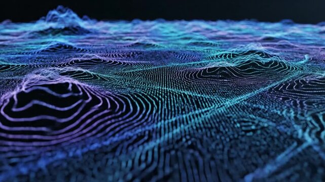 Vibrant blue and purple topographic lines represent a futuristic landscape with hills and valleys in a digital environment from a aerial viewpoint.