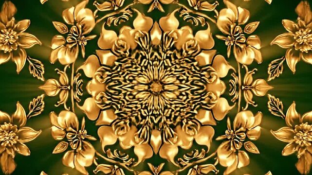 Shiny gold floral botanical pattern on deep green background. Symmetrical design suitable for luxury branding, stationery, and packaging projects.