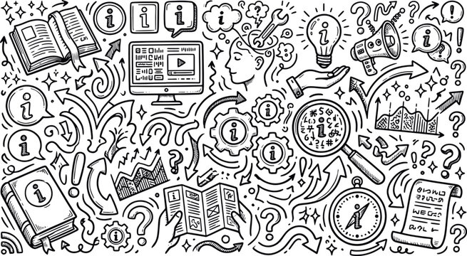Information gathering and knowledge research doodle concept with various informational icons information knowledge research learning education analysis intelligence illustration