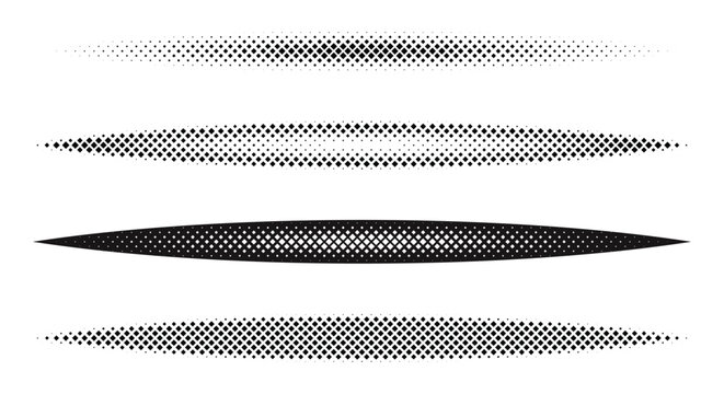 Abstract halftone diamond dot borders and divider collection with fading geometric pattern vector illustration.