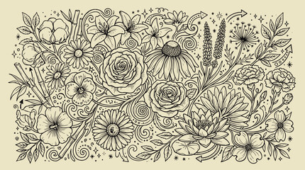 Fototapeta premium Floral botanical doodle illustration featuring assorted flowers leaves and nature inspired patterns botanical blooming illustration background decorative ornamental wildflower