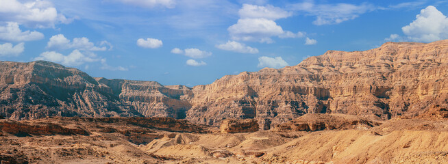 Obraz premium View of the desert on a bright sunny day. Timna Park in Arava desert near Eilat, Israel