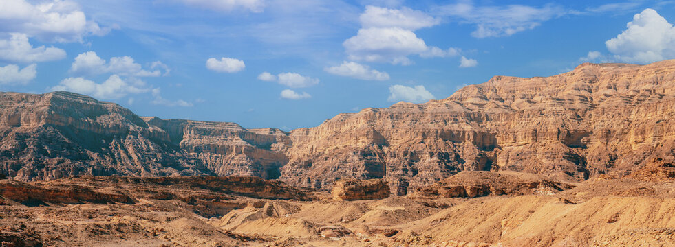 View of the desert on a bright sunny day. Timna Park in Arava desert near Eilat, Israel