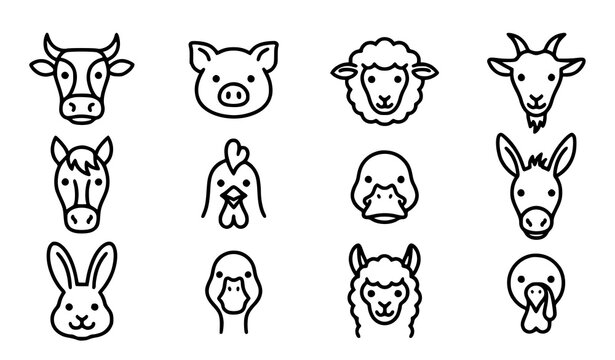 Farm Animal Face Outline Collection Featuring Cow Pig Sheep Goat Rabbit Dog and Horse Icons