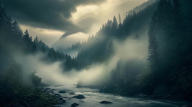Foggy mountain river surrounded by dense pine forest and rocky cliffs