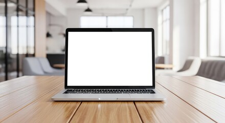 Fototapeta premium A modern laptop sits on a clean wooden desk with a blank white display, set against a blurred background of a bright, open plan office space, device, remote work, blank