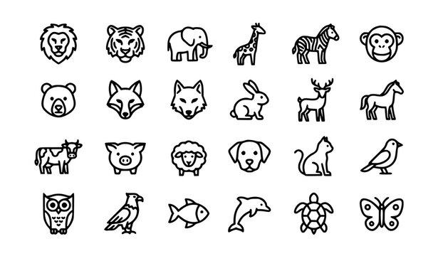 Animal Face Outline Icon Collection Featuring Lion Tiger Fox Monkey Bird Butterfly and Fish Symbols