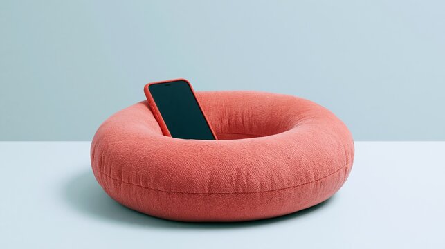 Smartphone resting in coral neck pillow
