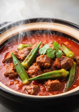 A steaming pot of traditional bamia stew features tender beef pieces and fresh green okra pods simmering in a rich, flavorful tomato sauce, hearty, lamb, pot