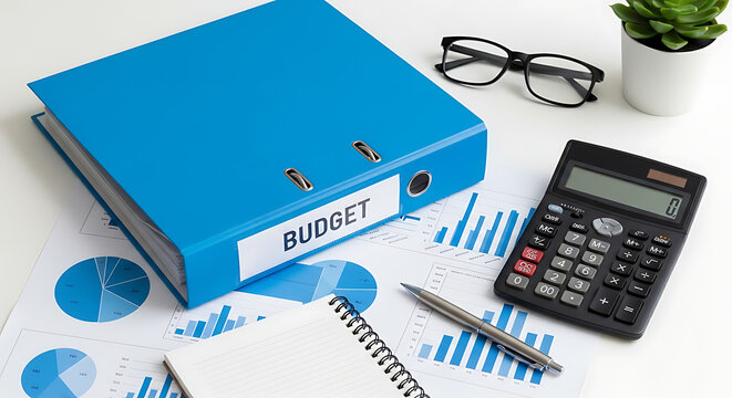 Blue budget binder with calculator and financial charts on a white office desk.