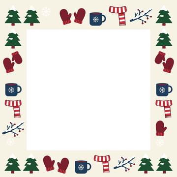 Winter holiday frame with Christmas trees and winter accessories