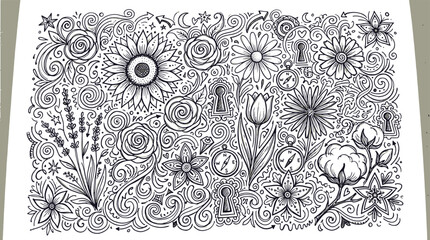 Fototapeta premium Intricate hand drawn floral botanical doodle pattern illustration with botanical illustration artistic decorative ornamental intricate monochrome creative background wallpaper