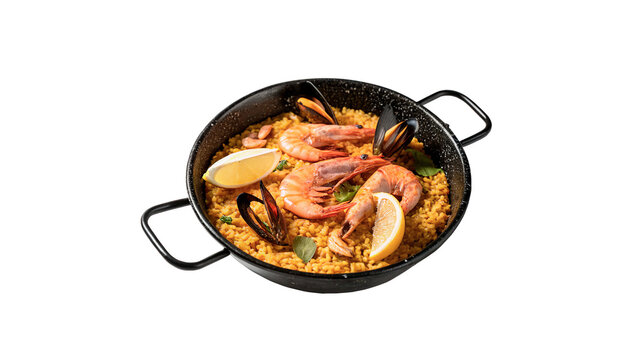 Black cast iron cooking pot skillet with fresh food isolated on a transparent background