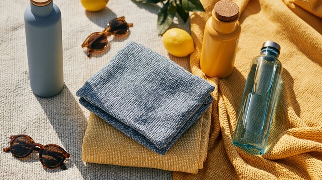 Summer picnic setup with towels and bottles