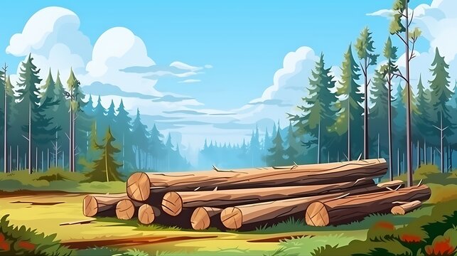Stack of timber logs in pine forest at sunrise with clear sky and clouds.