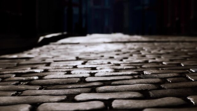 A cobblestone street captured at night. The stones reflect light in a subtle way. Shadows from surrounding buildings add depth to the scene.