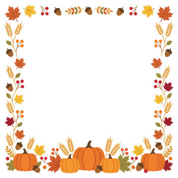 Autumn harvest seamless border frame with pumpkins and leaves