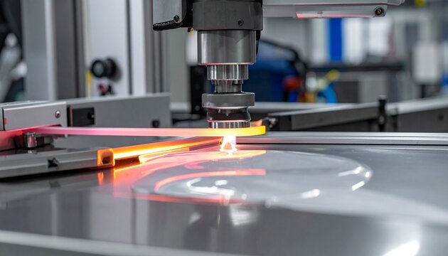 Close-up of laser cutting machine nozzle emitting focused beam on transparent sheet, metallic components, guiding rails, protective enclosure, industrial precision fabrication theme.