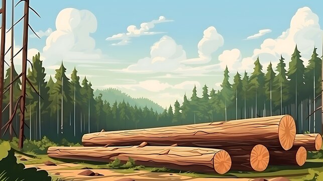 Cartoon illustration of a logging site with stacked cut tree trunks and a dense pine forest background.