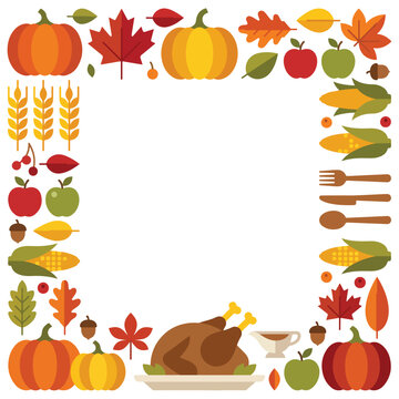 Thanksgiving holiday border frame with roasted turkey and harvest elements