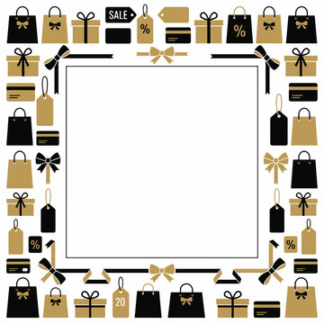 Black and gold shopping sale border frame with gift bags and price tags