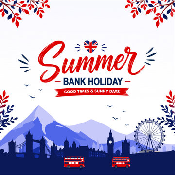 UK Summer Bank Holiday Square Banner Template. Flat vector square banner celebrating the UK Summer Bank Holiday, featuring a blue London skyline silhouette and mountains.