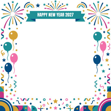 Happy New Year 2027 celebration frame with fireworks and balloons
