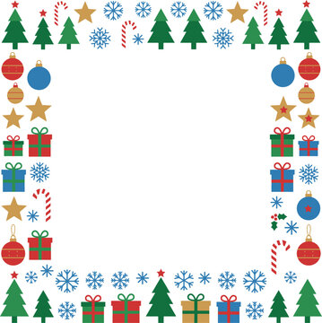 Christmas holiday festive border frame with trees and gift boxes