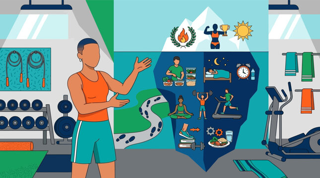 Flat faceless illustration of a fitness trainer presenting an iceberg infographic showing the hidden work behind success, featuring meal prep, sleep, and exercise in a gym setting.