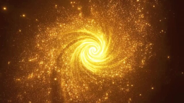 Golden spiral galaxy with star clusters, swirling dust, glowing nebula, and space elements. Perfect for astronomy or science concepts.