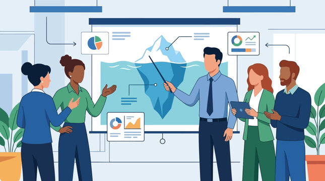 Flat vector illustration of a diverse professional team during a business presentation featuring a large iceberg chart for data analysis and strategy in a modern office environment.