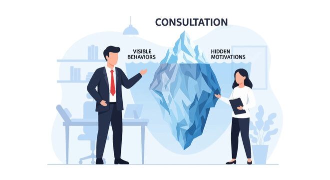 Flat vector illustration of a business consultation featuring an iceberg metaphor to explain visible behaviors versus hidden motivations with two professional people in an office.