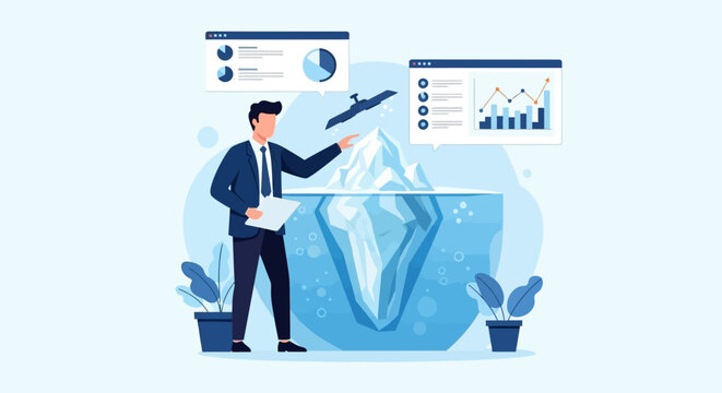 Flat faceless businessman in a suit analyzing an iceberg metaphor for hidden data insights, featuring floating digital dashboard screens with financial charts and growth graphs.