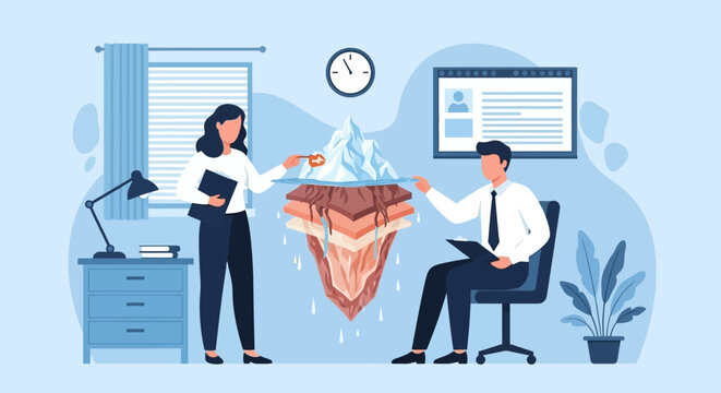 Flat vector illustration of faceless office workers analyzing a cross-section iceberg diagram showing hidden layers and roots for strategic business data and root cause analysis.