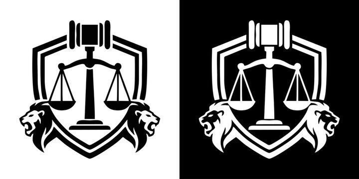 Heraldic legal emblem featuring justice scales, gavel, shield, and roaring lion heads in monochrome vector styles