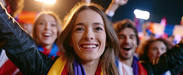 Fototapeta premium Fans passionately celebrating with vibrant scarves and banners in a brightly lit stadium, capturing excitement and team spirit.