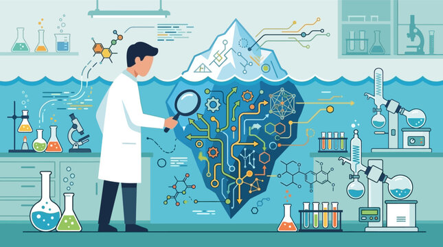 Flat vector illustration of a male scientist in a lab coat examining a submerged iceberg containing complex data circuits, gears, and chemical structures in a modern chemistry laboratory.