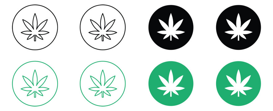 Cannabis leaf icons in circular outline and solid styles with black and green variations for marijuana branding vector design.