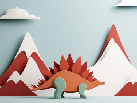 Child's paper craft landscape with dinosaur, clouds, and mountains