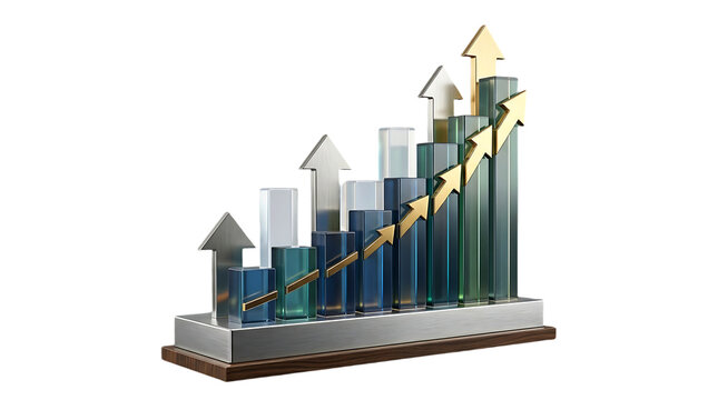 3D business growth chart, metallic bar graph, increasing sales trend, financial success